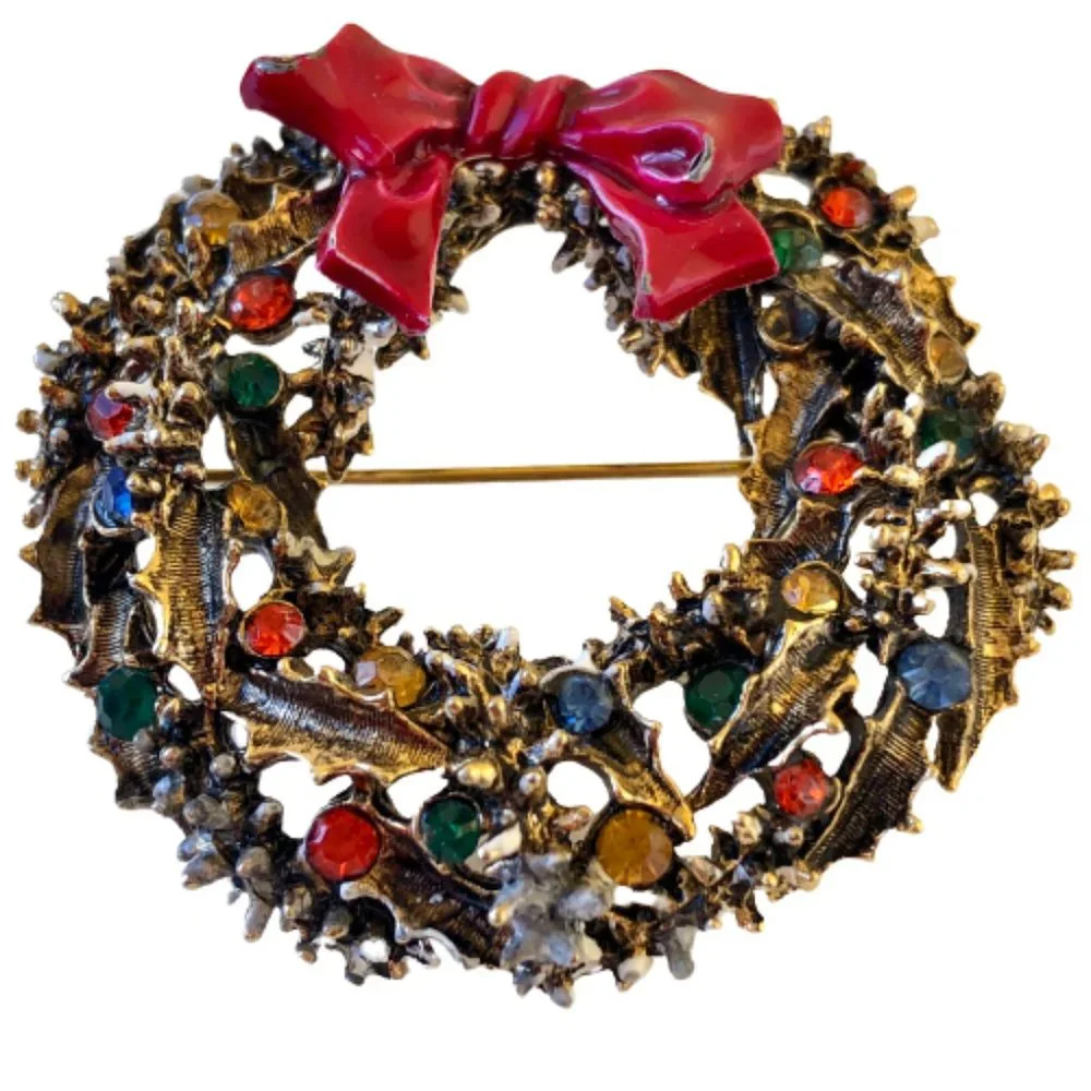 ART Arthur Pepper Brooch Christmas Wreath Enamel Rhinestones Signed Goldtone